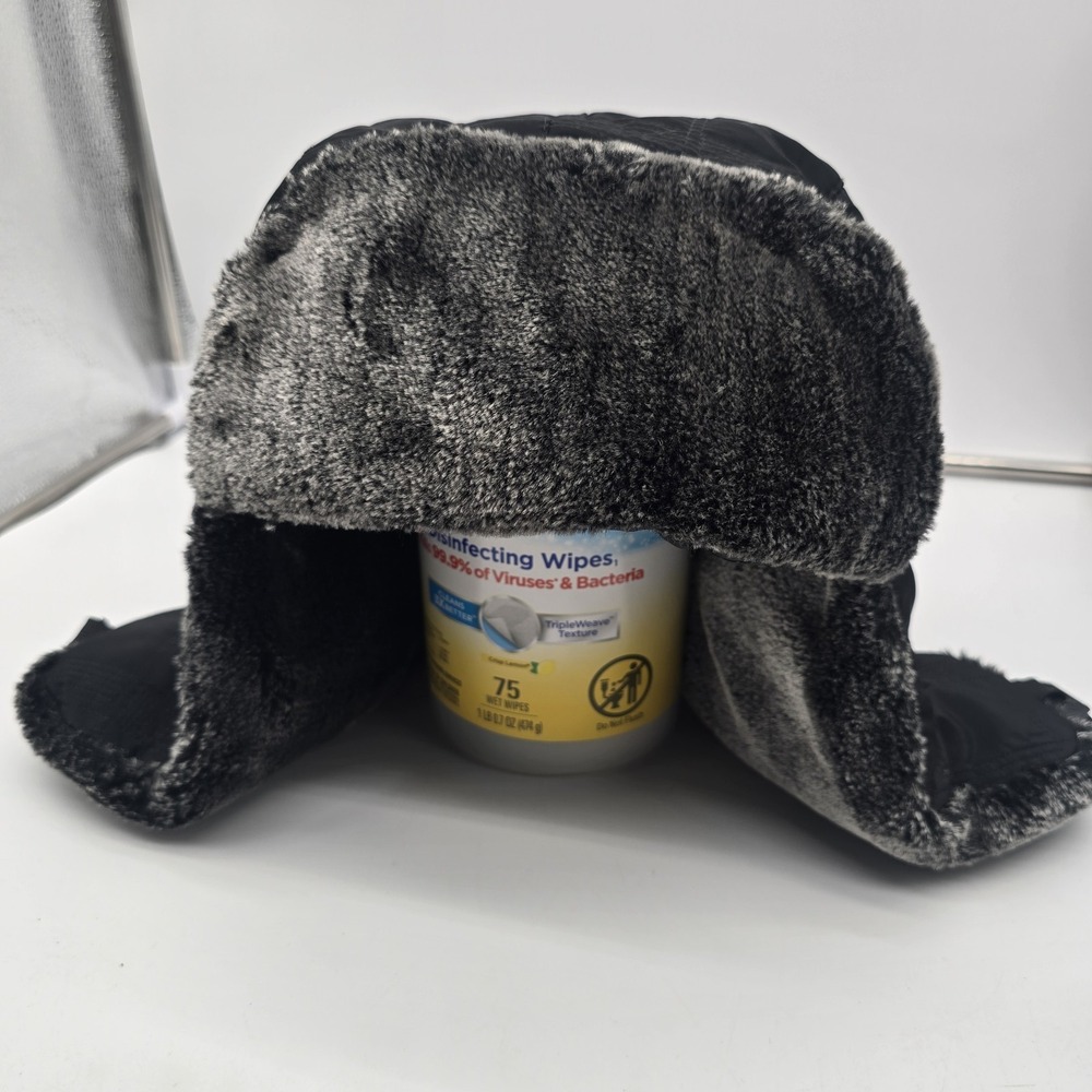 Trapper‎ Hat Cap Black with Gray Faux Fur Lining Ear Flaps Clips